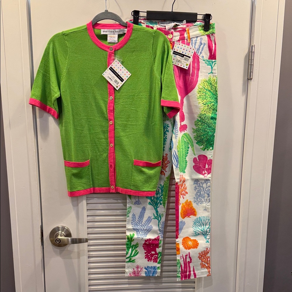 Gretchen Scott Designs Green Knit Top with Pink Trim & Coral Reef Print Pants